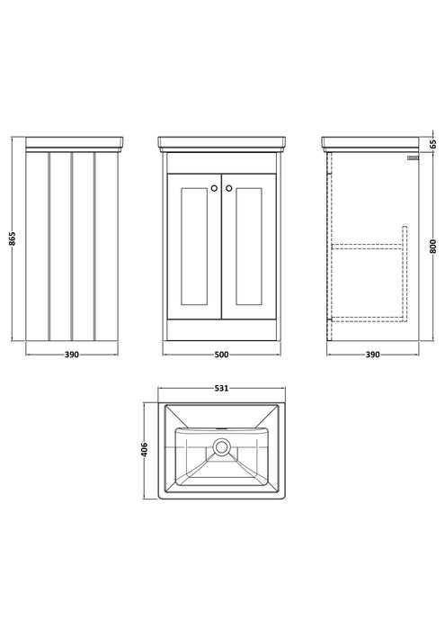 Old London Ashwick Satin Green 500mm Floorstanding 2-Door Unit With Basin No Tap Hole