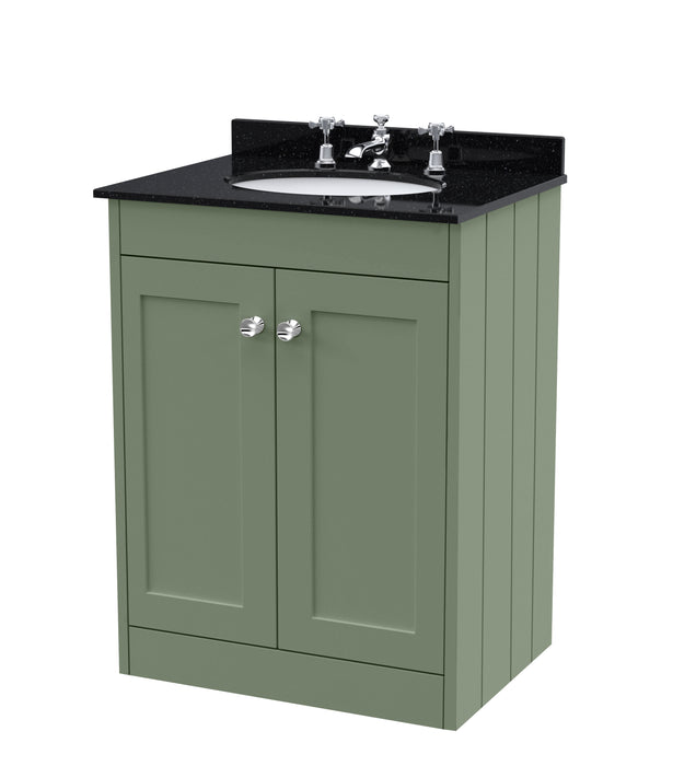 Old London Ashwick Satin Green 600mm Floorstanding 2-Door Unit With Marble Top 3 Tap Hole