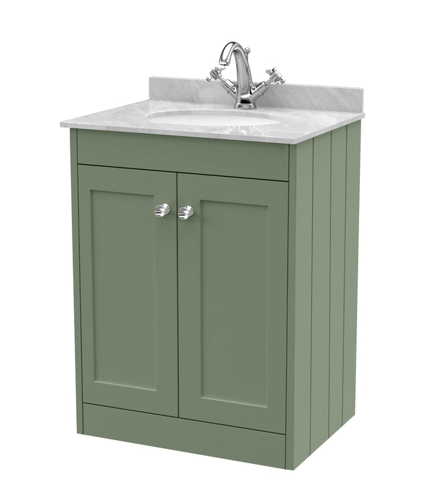 Old London Ashwick Satin Green 600mm Floorstanding 2-Door Unit With Marble Top 1 Tap Hole