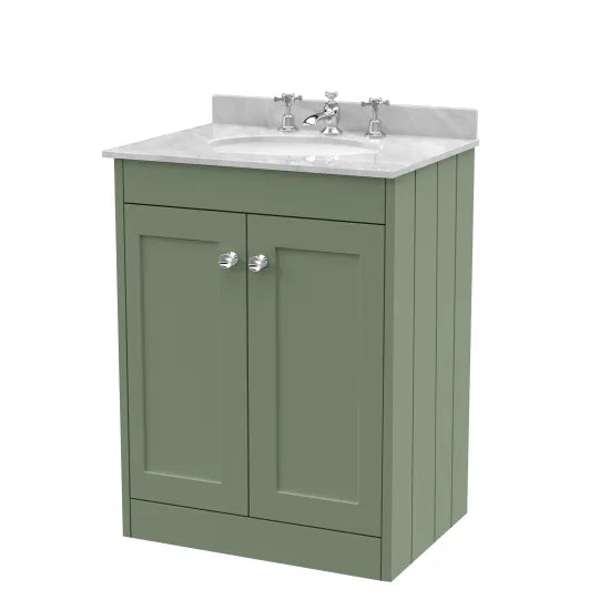 Old London Ashwick Satin Green 600mm Floorstanding 2-Door Unit With Marble Top 3 Tap Hole