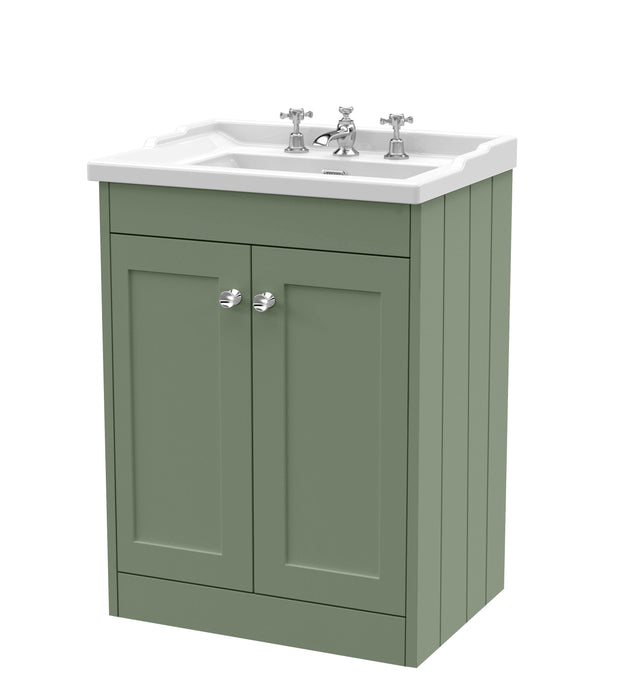 Old London Ashwick Satin Green 600mm Floorstanding 2-Door Unit With Basin 3 Tap Hole