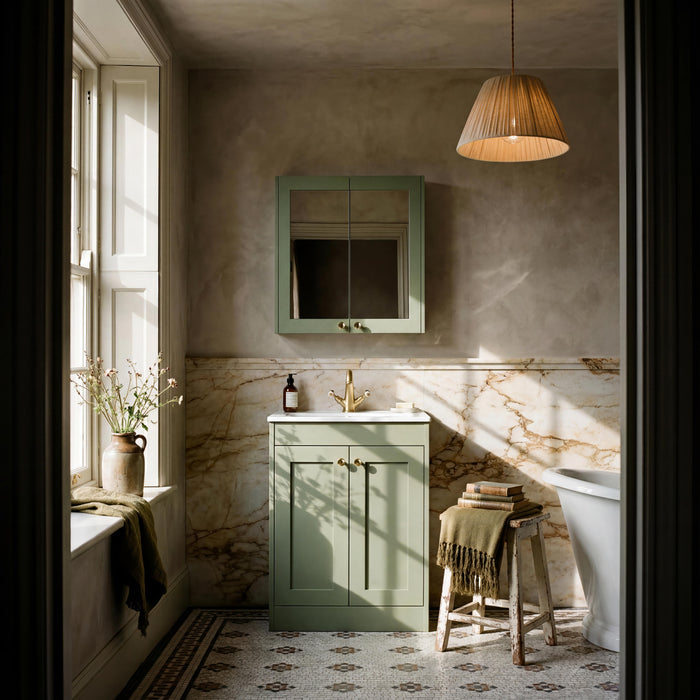 Old London Ashwick Satin Green 600mm Floorstanding 2-Door Unit With Stone Basin 1 Tap Hole