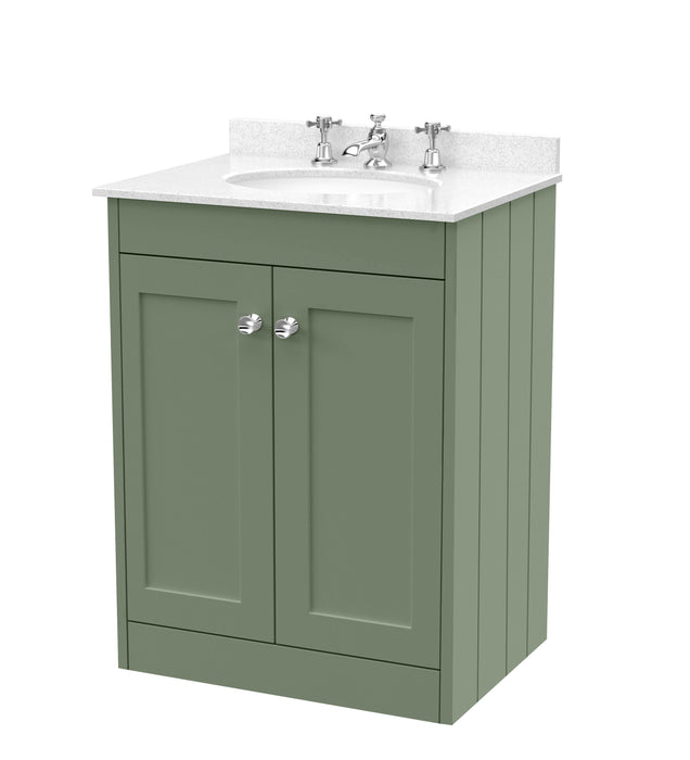 Old London Ashwick Satin Green 600mm Floorstanding 2-Door Unit With Marble Top 3 Tap Hole