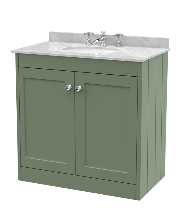 Old London Ashwick Satin Green 800mm Floorstanding 2-Door Unit With Marble Top 3 Tap Hole