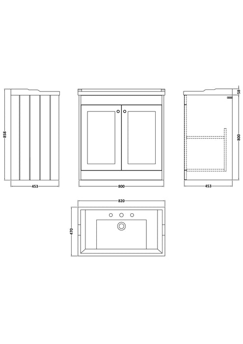 Old London Ashwick Satin Green 800mm Floorstanding 2-Door Unit With Basin 3 Tap Hole