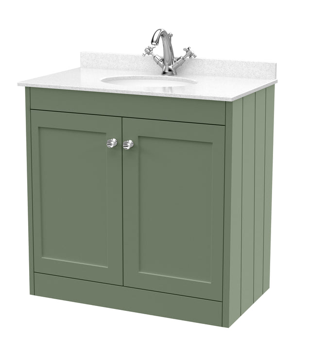 Old London Ashwick Satin Green 800mm Floorstanding 2-Door Unit With Marble Top 1 Tap Hole