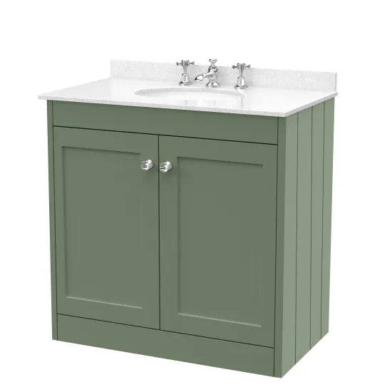 Old London Ashwick Satin Green 800mm Floorstanding 2-Door Unit With Marble Top 1 Tap Hole
