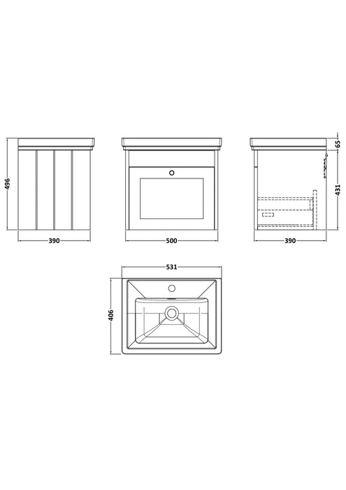Old London Ashwick Satin Green 500mm Wall Hung 1-Drawer Unit With Basin