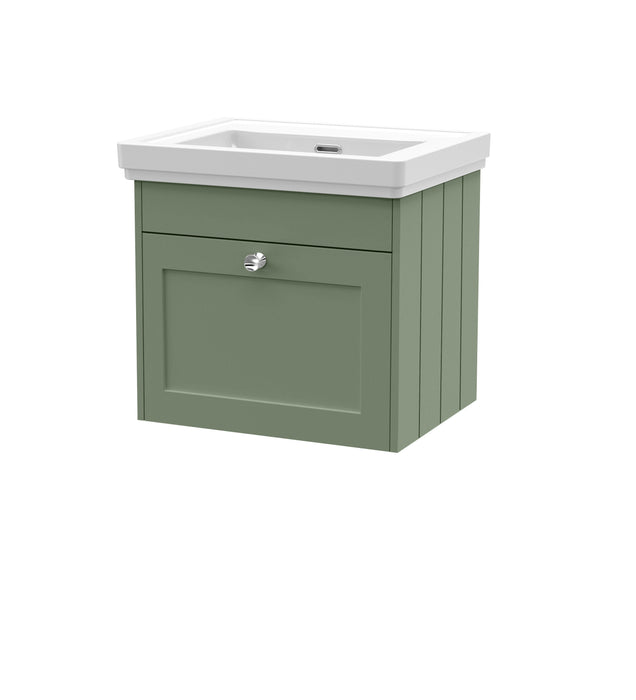 Old London Ashwick Satin Green 500mm Wall Hung 1-Drawer Unit With Basin No Tap Hole