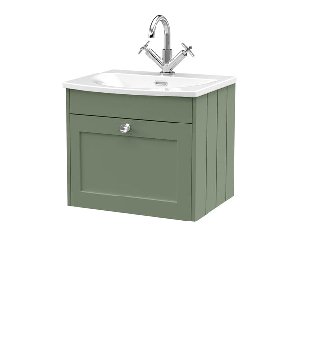 Old London Ashwick Satin Green 500mm Wall Hung 1-Drawer Unit With Curved Basin