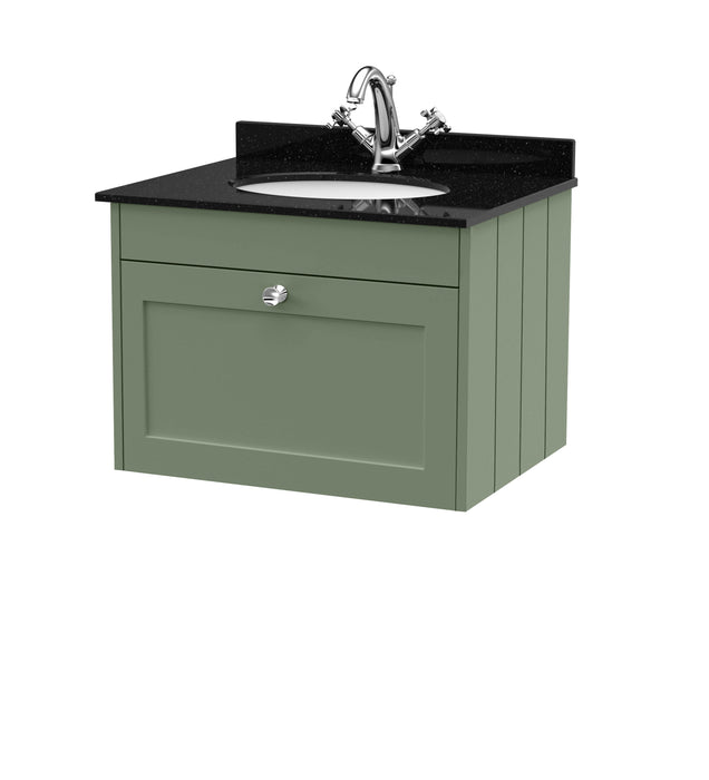Old London Ashwick Satin Green 600mm Wall Hung 1-Drawer Unit With Marble Top 1 Tap Hole