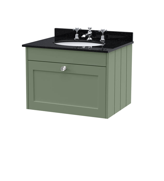 Old London Ashwick Satin Green 600mm Wall Hung 1-Drawer Unit With Marble Top 3 Tap Hole