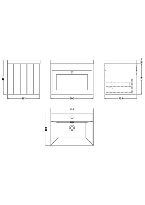 Old London Ashwick Satin Green 600mm Wall Hung 1-Drawer Unit With Basin 1 Tap Hole