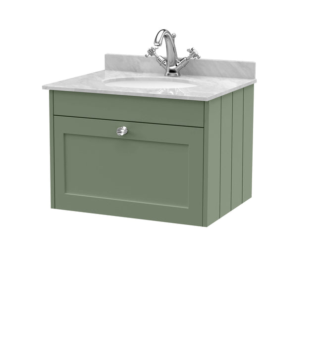 Old London Ashwick Satin Green 600mm Wall Hung 1-Drawer Unit With Marble Top 1 Tap Hole