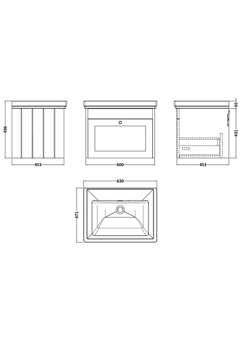 Old London Ashwick Satin Green 600mm Wall Hung 1-Drawer Unit With Basin No Tap Hole