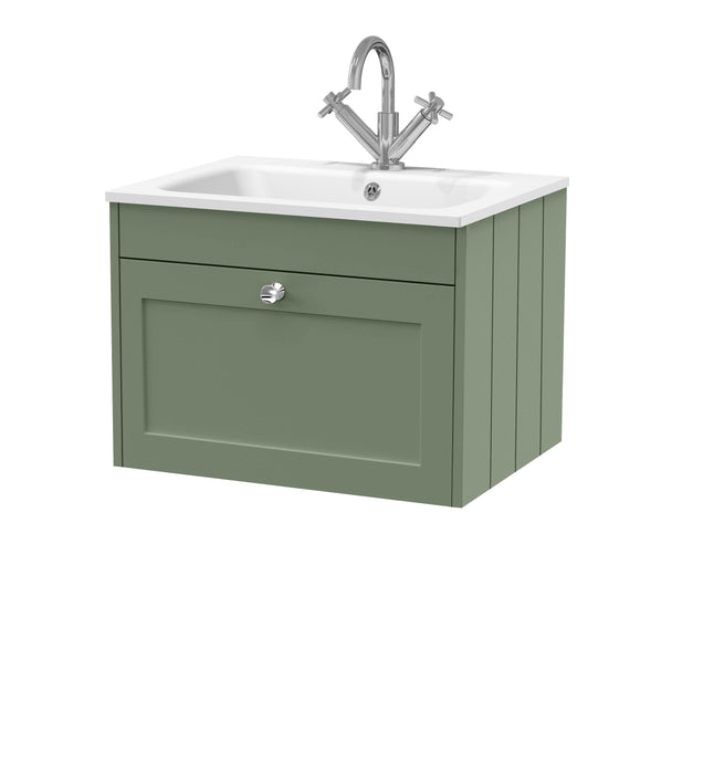 Old London Ashwick Satin Green 600mm Wall Hung 1-Drawer Unit With Stone Basin 1 Tap Hole