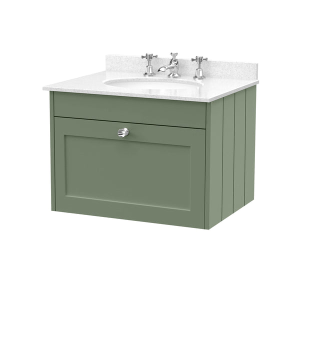 Old London Ashwick Satin Green 600mm Wall Hung 1-Drawer Unit With Marble Top 3 Tap Hole