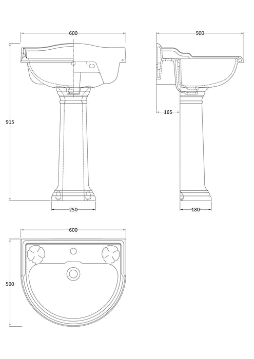 Old London Chancery 1 Tap Hole 600mm Ceramic Basin & Pedestal