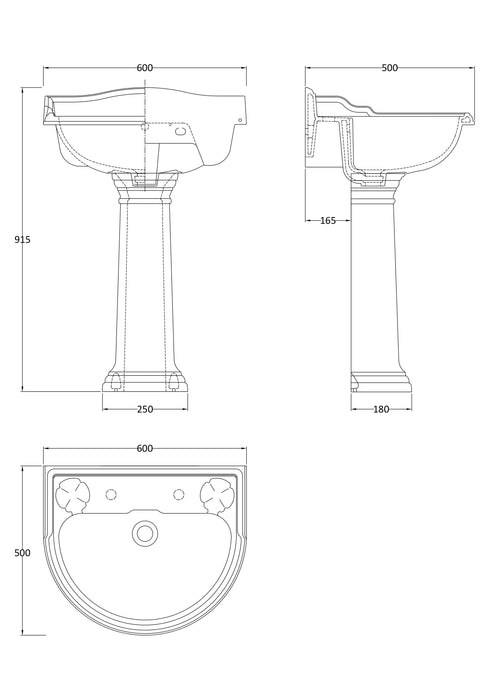 Old London Chancery 2 Tap Hole 600mm Ceramic Basin & Pedestal