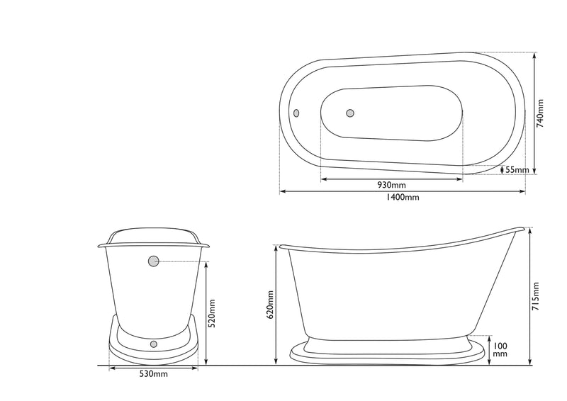 Hurlingham Cameo Freestanding Cast Iron Slipper Bath 1400 x 740mm