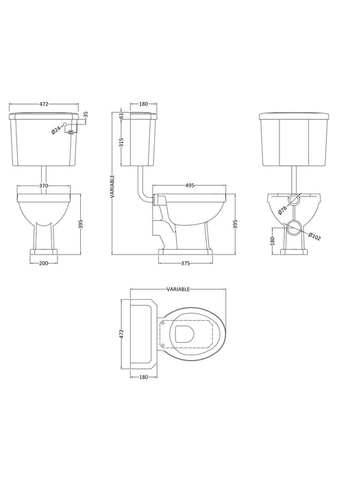 Carlton Low Level Pan, Cistern & Flush Pipe Kit Dimensions