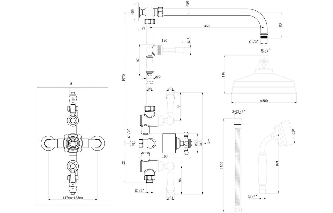 Carrick Traditional Exposed Two Outlet Shower Valve w/Riser Kit & Overhead - Chrome