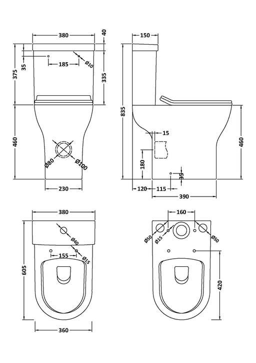 Comfort Height Rimless Pan, Cistern or Seat  - Line Drawing