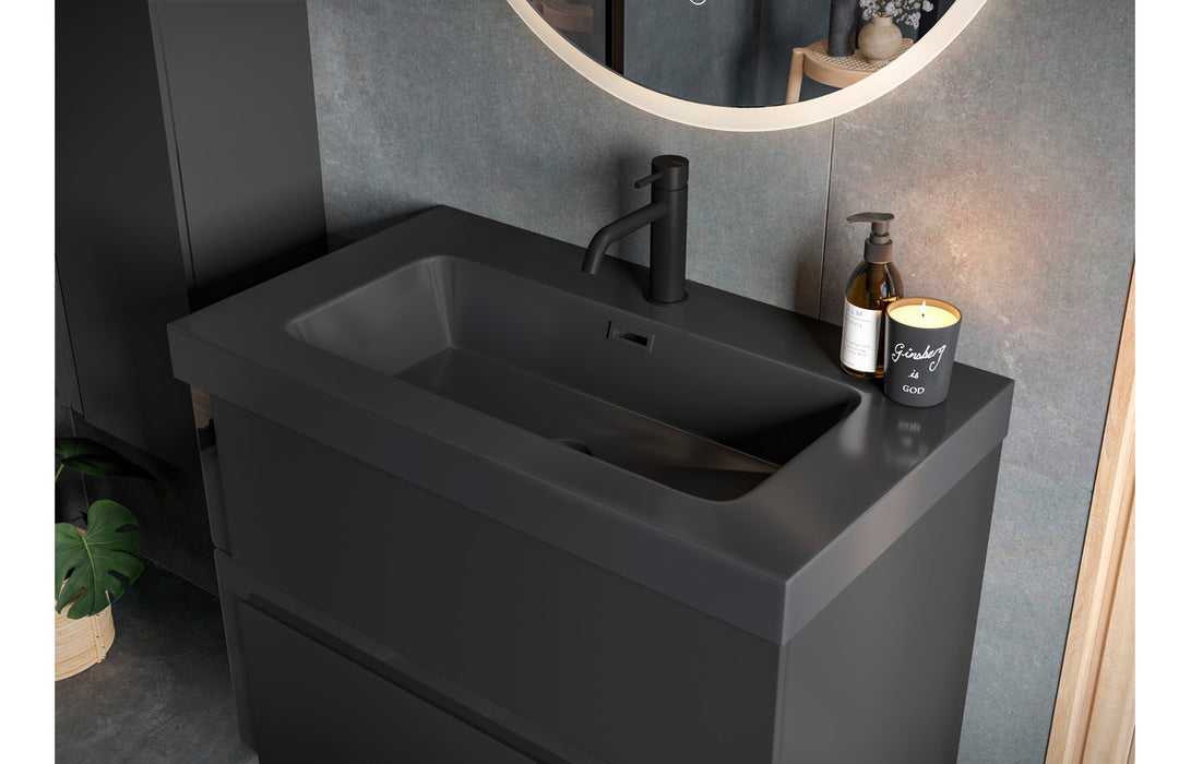 Dualis 815mm Wall Hung 2 Drawer Basin Unit & 1TH White Basin - Matt Black & Glass