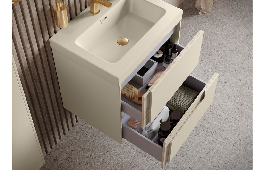 Dualis 1210mm Wall Hung 4 Drawer Basin Unit & 2TH White Basin - Matt Cotton & Oak Effect