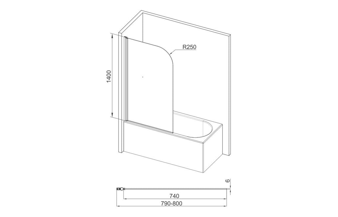 800x1400mm Radius Bath Screen (6mm) - Chrome