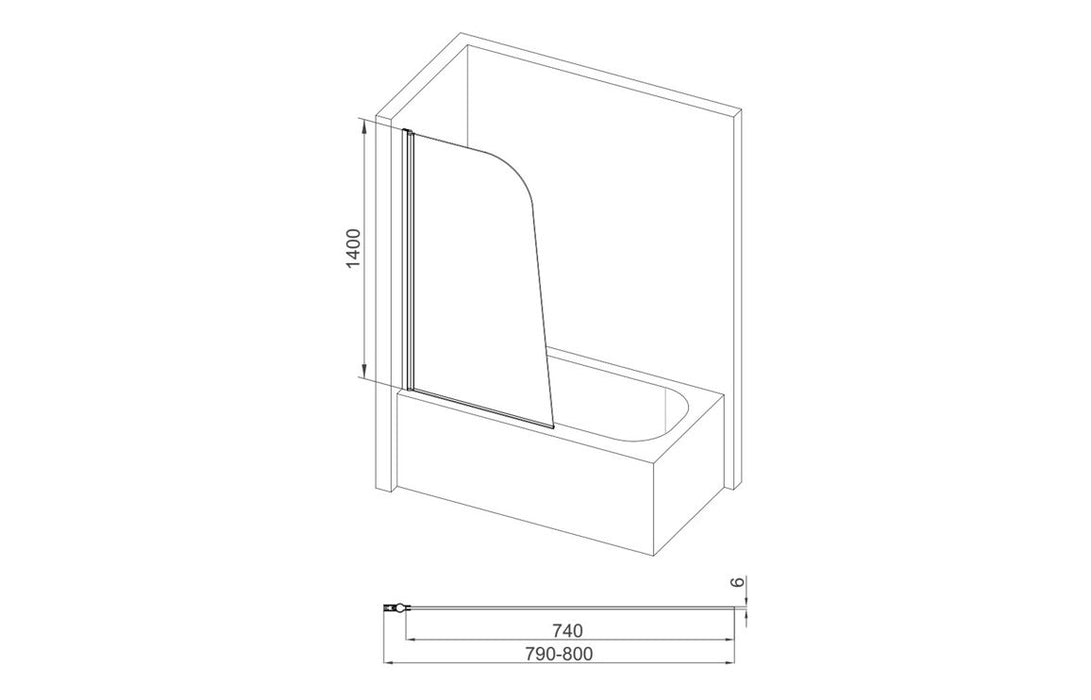 800x1400mm Sail Bath Screen (6mm) - Chrome