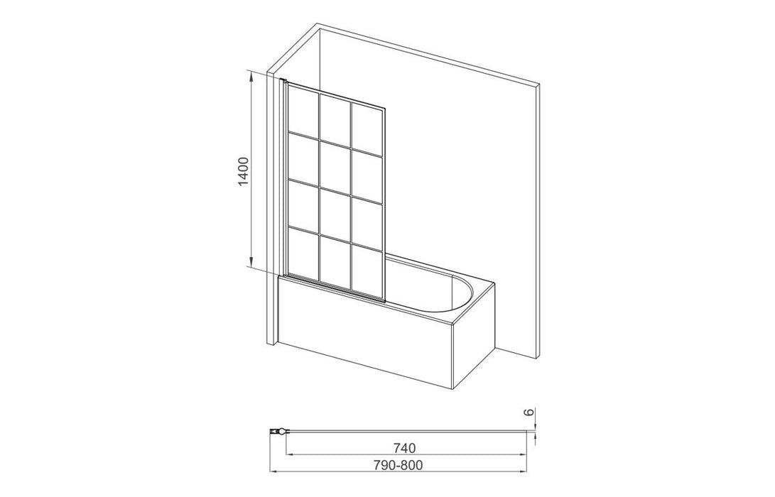 800x1400mm Square Grid Bath Screen (6mm) - Black