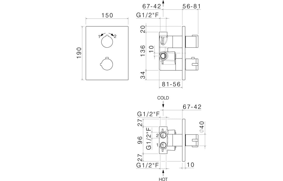 Vema Rectangular Two Outlet Thermostatic Mixer Valve