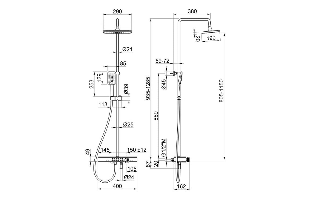 Vema Thermostatic Shower Column w/Fixed Head, Riser, Shelf & Foot Wash - White/Chrome
