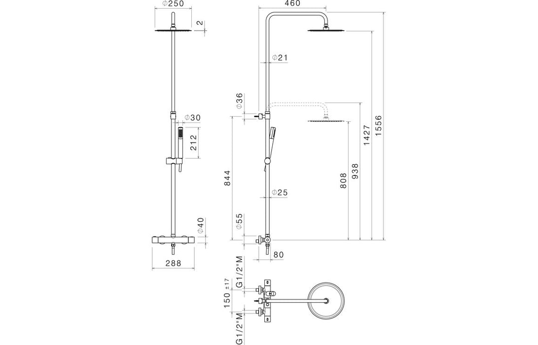Vema Thermostatic Round Bar Valve w/Fixed Head & Riser - Brushed Brass