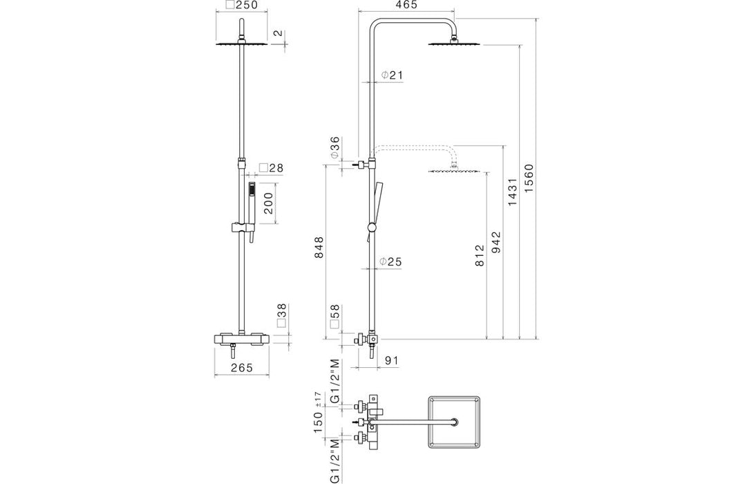 Vema Thermostatic Square Bar Valve w/Fixed Head & Riser - Chrome
