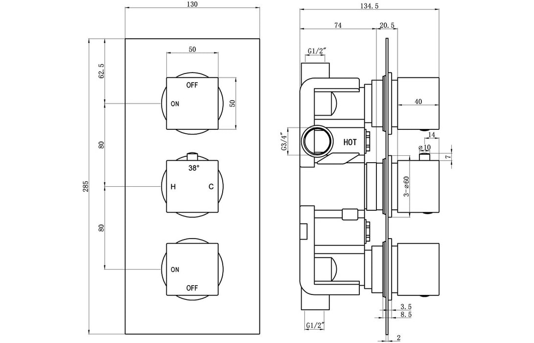 Eclipse Thermostatic Two Outlet Triple Shower Valve - Chrome