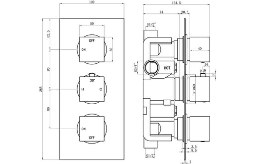 Eclipse Thermostatic Two Outlet Triple Shower Valve - Chrome