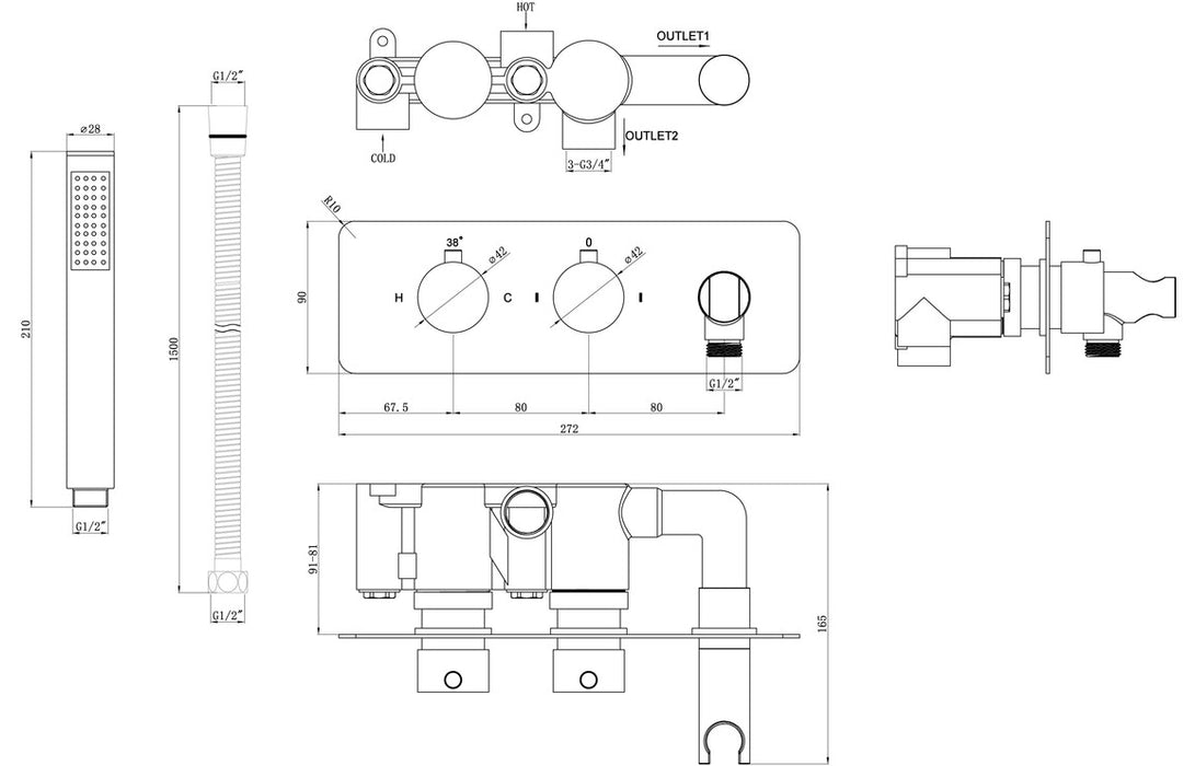 Moira Shower Pack One - Two Outlet Twin Shower Valve w/Handset & ABS Overhead - Chrome
