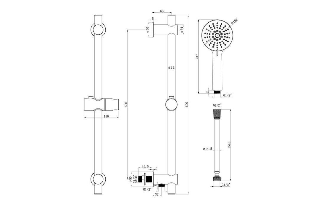 Seren Round Riser Rail Kit w/Elbow & 3 Mode Handset - Chrome
