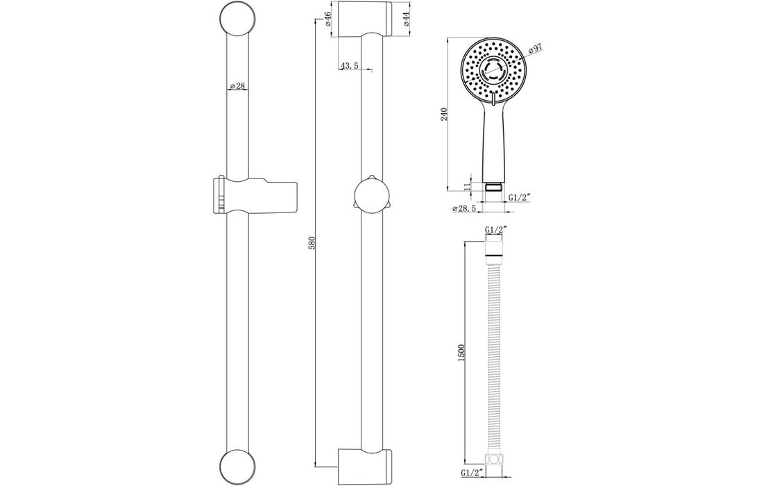 Seren Round Slider Rail Kit & 3 Mode Handset
