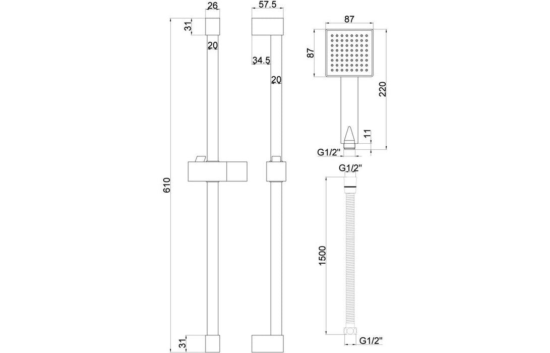 Eclipse Square Slider Rail Kit & Single Mode Handset - Chrome
