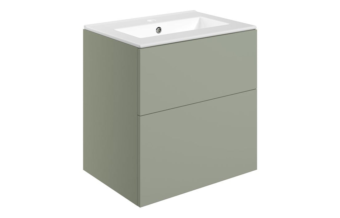 Accent 610mm Wall Hung 2 Drawer Basin Unit & Basin - Matt Olive Green
