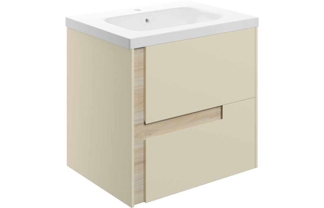 Dualis 615mm Wall Hung 2 Drawer Basin Unit & 1TH White Basin - Matt Cotton & Oak Effect