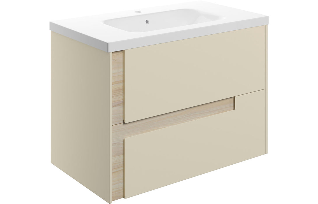 Dualis 815mm Wall Hung 2 Drawer Basin Unit & 1TH White Basin - Matt Cotton & Oak Effect