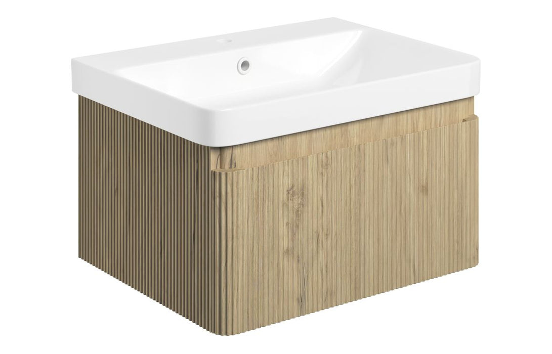 Nubo 605mm Wall Hung 1 Drawer Basin Unit & Basin - Textured Oak