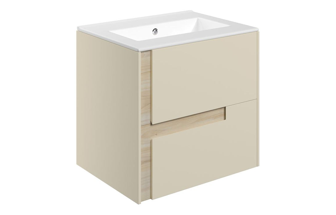 Dualis 615mm Wall Hung 2 Drawer Basin Unit & 0TH White Thin Edge Basin - Matt Cotton & Oak Effect