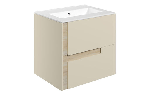 Dualis 615mm Wall Hung 2 Drawer Basin Unit & 0TH White Thin Edge Basin - Matt Cotton & Oak Effect