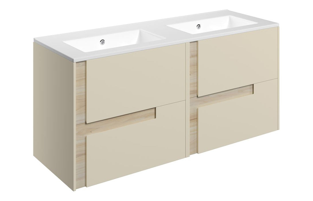Dualis 1210mm Wall Hung 4 Drawer Basin Unit & 2TH White Basin - Matt Cotton & Oak Effect