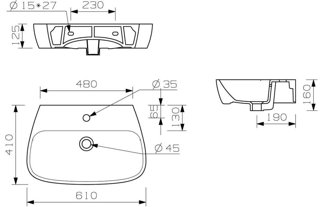 Tilliarde 600x400mm 1TH Basin & Semi Pedestal